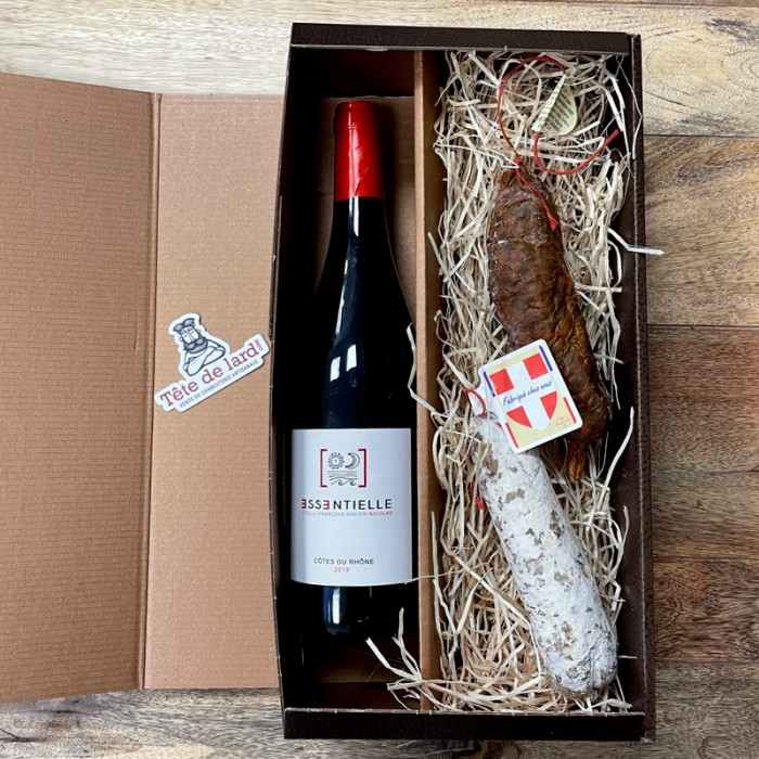 Petit Coffret Vin Chaud (rouge, carton, papier, film, verre, rotin,  biscuits, vin chaud, 1120g) comme cadeaux publicitaires Sur